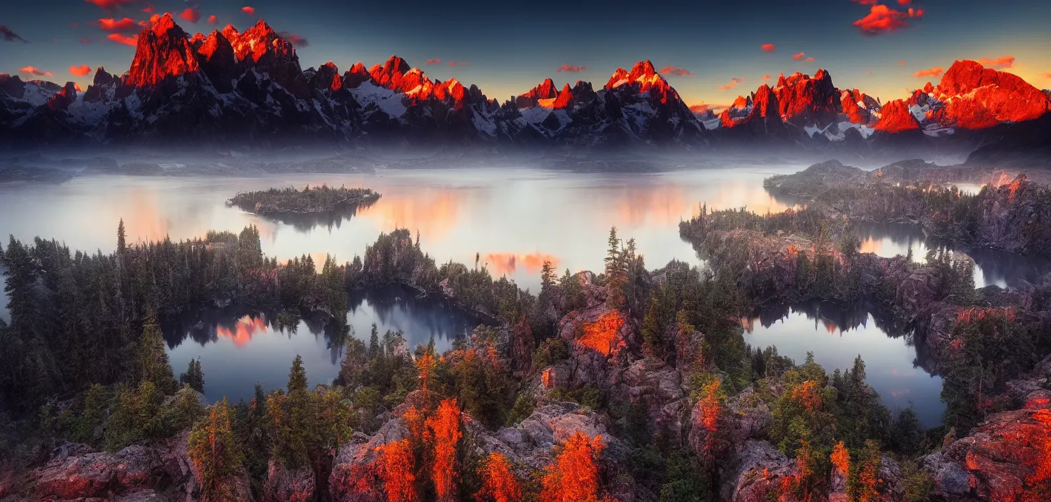 Image similar to amazing landscape photo of mountains with lake in sunset by marc adamus, beautiful dramatic lighting