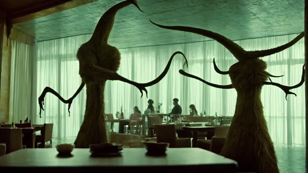 Image similar to the tall strange creature in the restaurant, film still from the movie directed by Denis Villeneuve with art direction by Salvador Dalí, wide lens