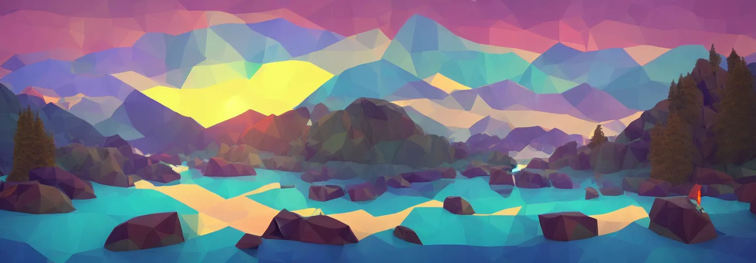 Prompt: super detailed color lowpoly art, northern sunset with rocks on front, blured monochromic lake in the middle of perspective and foggy mountains at background, graphic reindeers in random points, unreal engine, david hockney color palette, 3d render, lowpoly, colorful, digital art