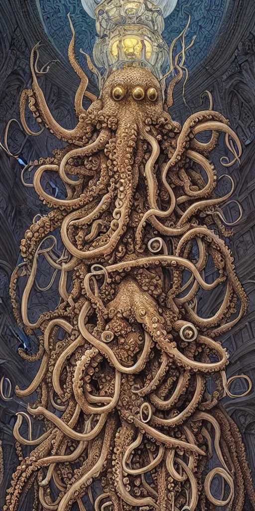 Image similar to group of mankind mages with octopus heads with jellyfish inside an ancient mage castle hall colossal scale, gothic and baroque, brutalist architecture, ultradetailed, Intricate by James Jean and Josan Gonzalez and John Howe and Giuseppe Arcimboldo