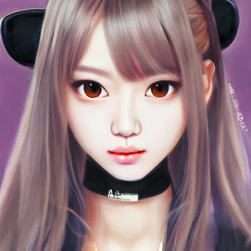 Image similar to realistic detailed semirealism beautiful gorgeous cute Blackpink Lalisa Manoban wearing school uniform, black hair black cat ears, black leather choker, proportional body, WLOP, Aztodio, Taejune Kim, sakimichan, ArtGerm, Pixiv, Instagram, Artstation