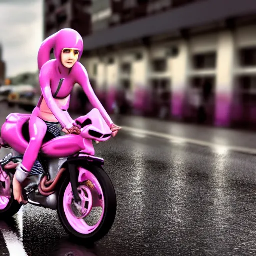 Prompt: hyper realistic, photo, humanoid pink female Squid girl, riding a motorcycle fast in the rainy city traffic