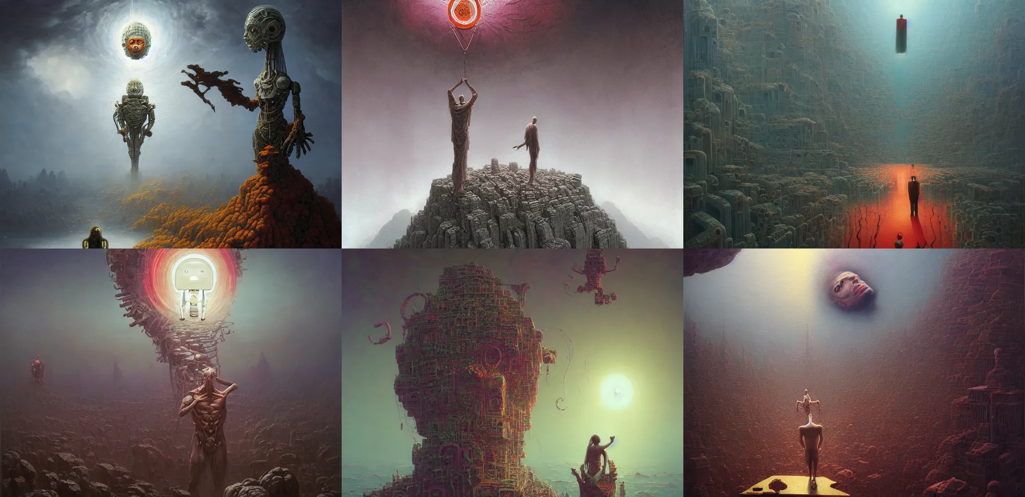 Prompt: a surreal art depicting the happiness of humanity as controlled by a robotic god by Greg Rutkowski, Zdzislaw Beksinski, Makoto Shinkai Paul Lehr and M. C. Escher, digital art, vibrant color, trending on artstation, HD, 8K, highly detailed, good lighting, beautiful, epic, masterpiece, surreal, detailed, sharp,-H 512