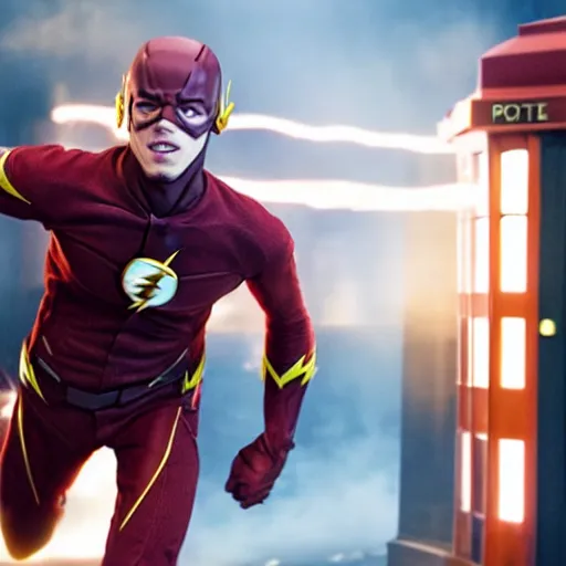 Image similar to film still of the flash exiting the tardis, directed by zach snyder