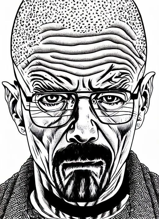 Prompt: junji ito style portrait of walter white, intricate, highly detailed, illustration, art by junji ito, junji ito