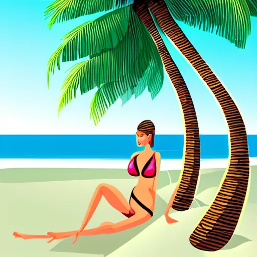 Image similar to a beautiful illustration of a woman in a swimsuit on the beach with palm trees by hed kandi, adobe illustrator