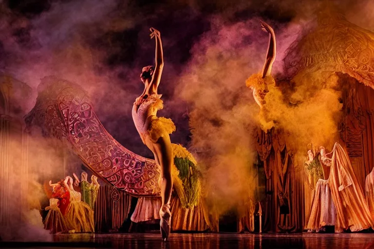 Image similar to playbill of prima ballerina, stage lighting, low angle, oriental scene, hyper realistic, smooth, focus, radiant, dramatic lighting, swirling smoke, low fog, golden hour, intricate, highly detailed