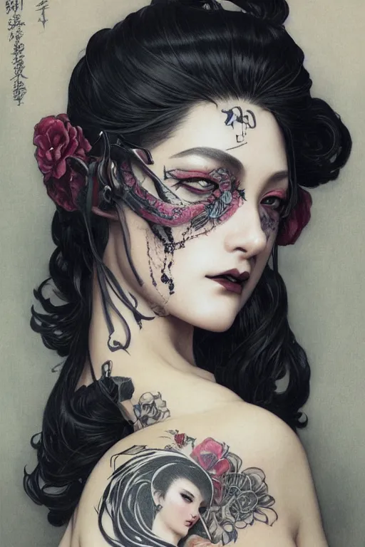 Image similar to portrait of goth yakuza girl tattoos, piercing, intricate, elegant, highly detailed, digital painting, artstation, concept art, smooth, sharp focus, illustration, art by artgerm and greg rutkowski and alphonse mucha and william-adolphe bouguereau