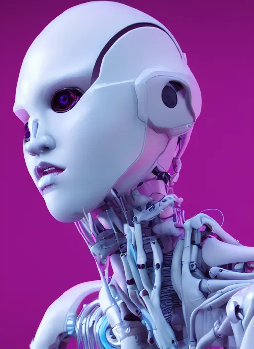 Image similar to white one cast futuristic biomechanics futuristic humanoid, pretty face, beautiful female, futuristic, neon lights, cyberpunk, 8 k, digital painting, by beeple and makoto shinkai, trending on cg society, glamour pose, high fashion, photorealistic, hyper realistic, perfect body, anatomical correct, ambient occlusion render