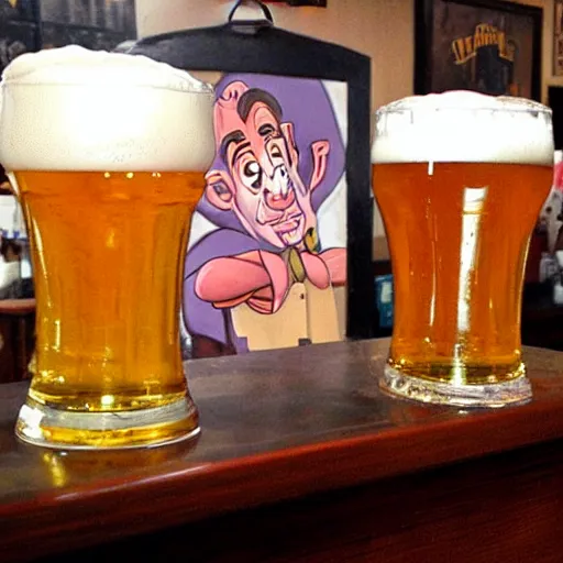 Prompt: A pint of beer sitting on a bar as painted by Don Bluth
