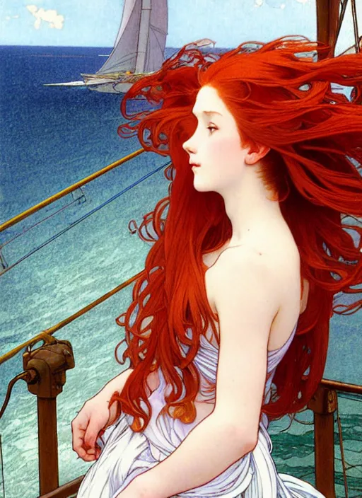 Prompt: a pretty young woman with long red hair blowing in the wind is leaning on the rail of a sailing ship, looking out to sea, path traced, highly detailed, high quality, digital painting, by studio ghibli and alphonse mucha, ron cobb, leesha hannigan, hidari, art nouveau, chiho aoshima, jules bastien - lepage