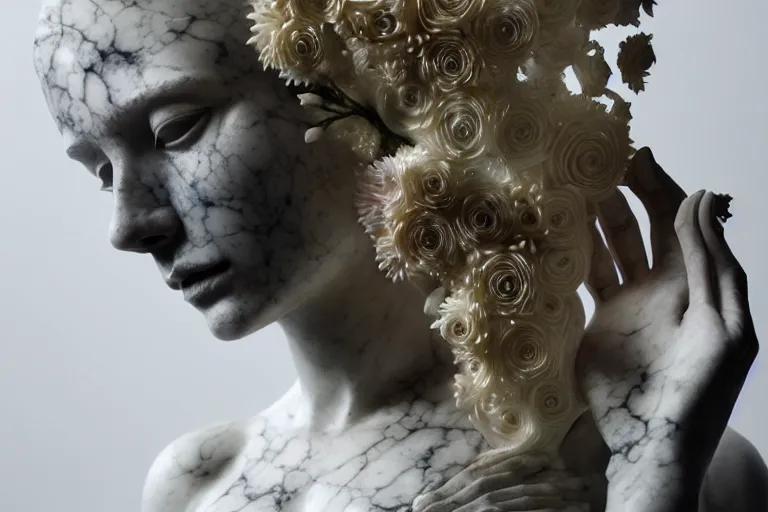 Image similar to the medium shot of sculpture of a beautiful woman with flowing tears, fractal flowers on the skin, intricate, a marble sculpture by nicola samori, behance, neo - expressionism, marble sculpture, made of mist, still frame from the prometheus movie by ridley scott with cinematogrophy of christopher doyle, arri alexa, anamorphic bokeh, 8 k