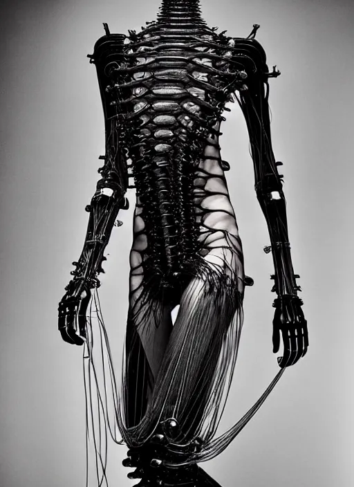 Image similar to walking down the catwalk, steven klein, mert alas and marcus piggott, show, stage, vogue photo, podium, fashion show photo, iris van herpen, beautiful woman, full body shot, masterpiece, inflateble shapes, plant predator, guyver, jellyfish, wires, veins, biomechanical details, bionic cyborg implants, colourfull