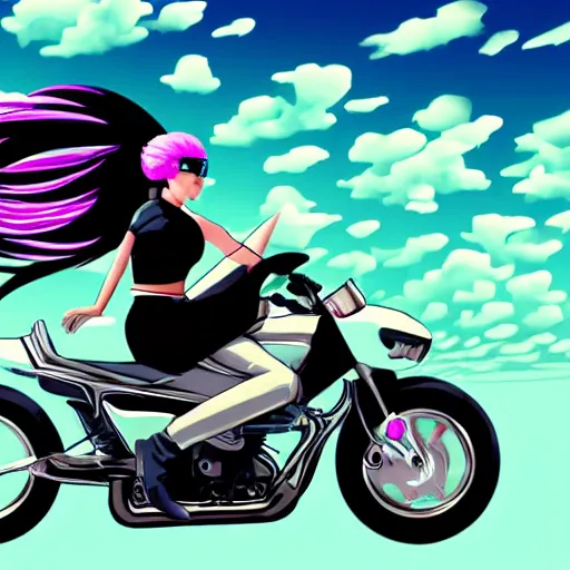 Image similar to beautiful female ninja riding a motorcycle on the highway, big clouds, vaporwave, illustration