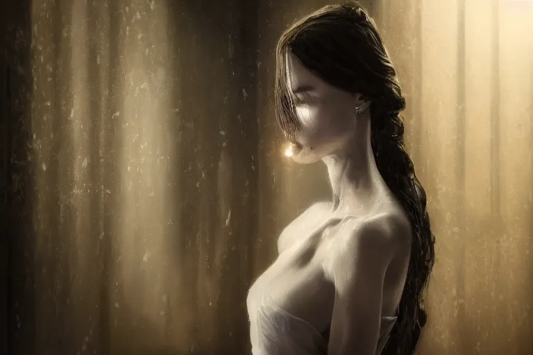 Prompt: ultra realist soft painting portrait of a single beautiful porcelain gothic princess in a full long curvy slim dress in the world of Lovecraft, looking at camera, very intricate details, ultra dense fog, golden ratio, volumetric black and white lighting, reflections, refractions, symmetry accurate anatomy features, unreal render