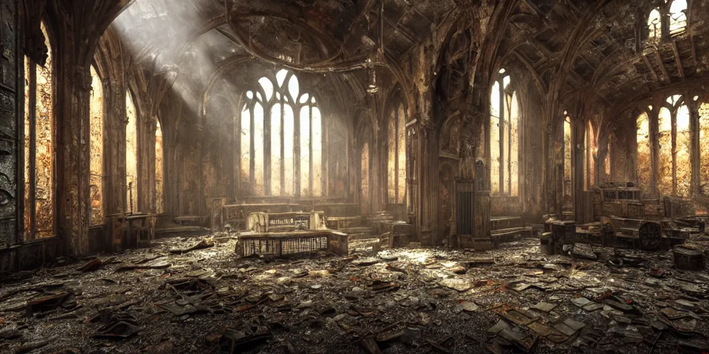 Prompt: fallout 5, indoors dilapidated partially ruined church interior, rusted machinery, atmospheric lighting, painted, intricate, volumetric lighting, beautiful, daytime, sunny weather, slight overcast, golden hour, sharp focus, deep colours, ultra detailed, by leesha hannigan, ross tran, thierry doizon, kai carpenter, ignacio fernandez rios