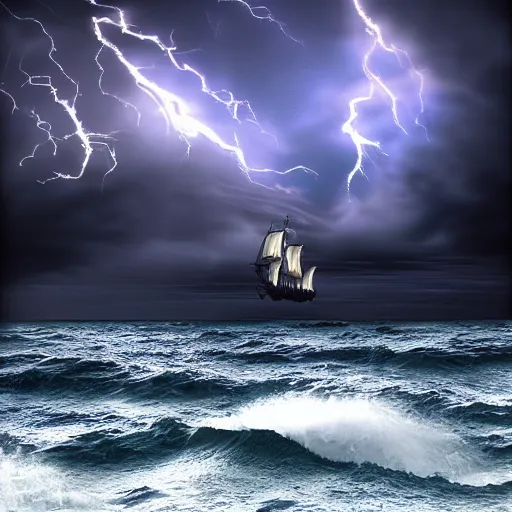 Image similar to A pirate ship sinking in a storm, photorealistic
