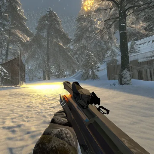 Prompt: Turok game set in the snow, PS4 graphics, volumetric lighting, realistic textures