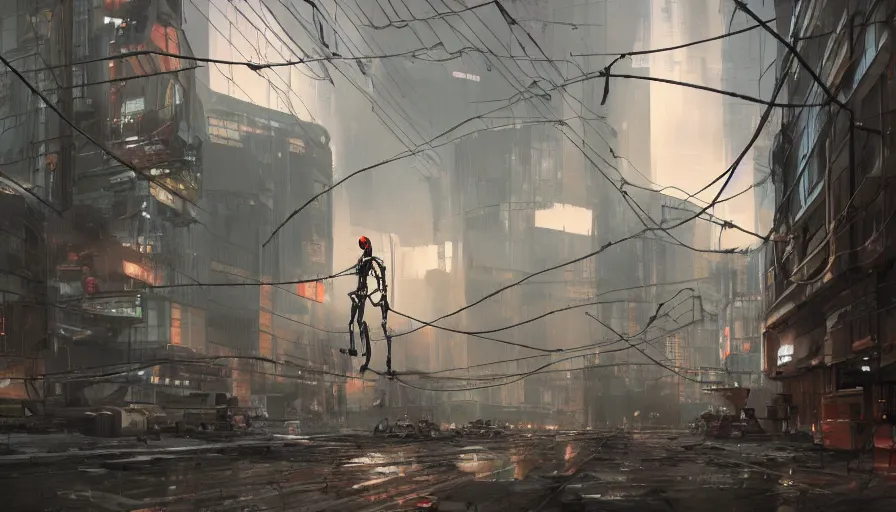 Prompt: a detailed concept painting of half a robot torso hanging by wires in a desolate cyberpunk environment filled with computers, soft lighting, digital art, artstation, oil on canvas