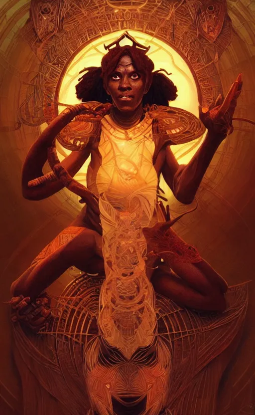 Image similar to the god anansi, african mythology, intricate, upper body, highly detailed, digital painting, artstation, concept art, sharp focus, cinematic lighting, illustration, art by artgerm and greg rutkowski, alphonse mucha, cgsociety