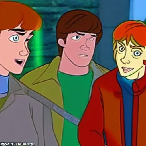 Image similar to am i glad hes in there and we're out here and hes the sherrif, and we're frozen out here and we're out here oh i just remembered, we're out here, shaggy and fred from scooby doo, cartoon still