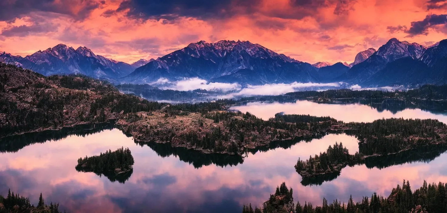 Image similar to amazing landscape photo of mountains with lake in sunset, beautiful dramatic lighting