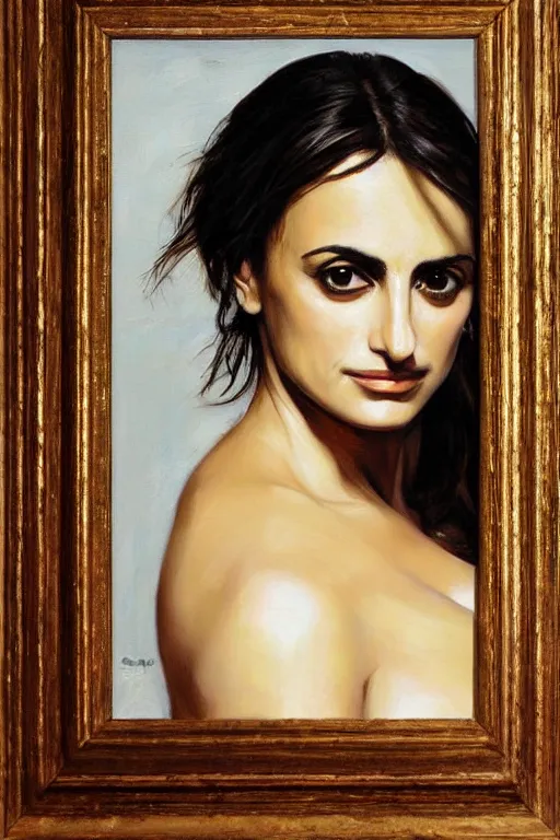 Image similar to oil painting, portrait of penelope cruz, artwork by caravaggio