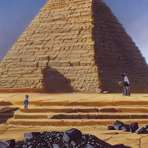 Prompt: a baby crawls toward a pile of burnings coal in an Egyptian temple, detailed and realistic matte painting by greg hildebrandt