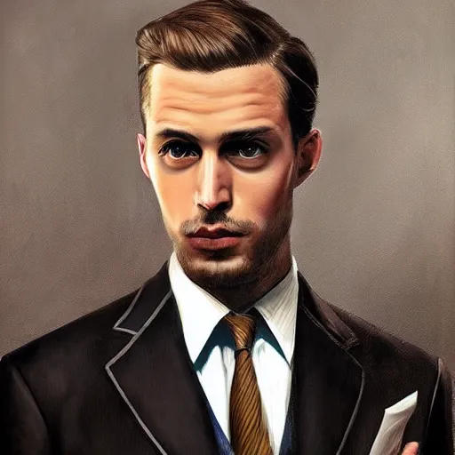 Image similar to handsome serious man in a three - piece suit, hyper realism, digital painting, high quality, detailed portrait