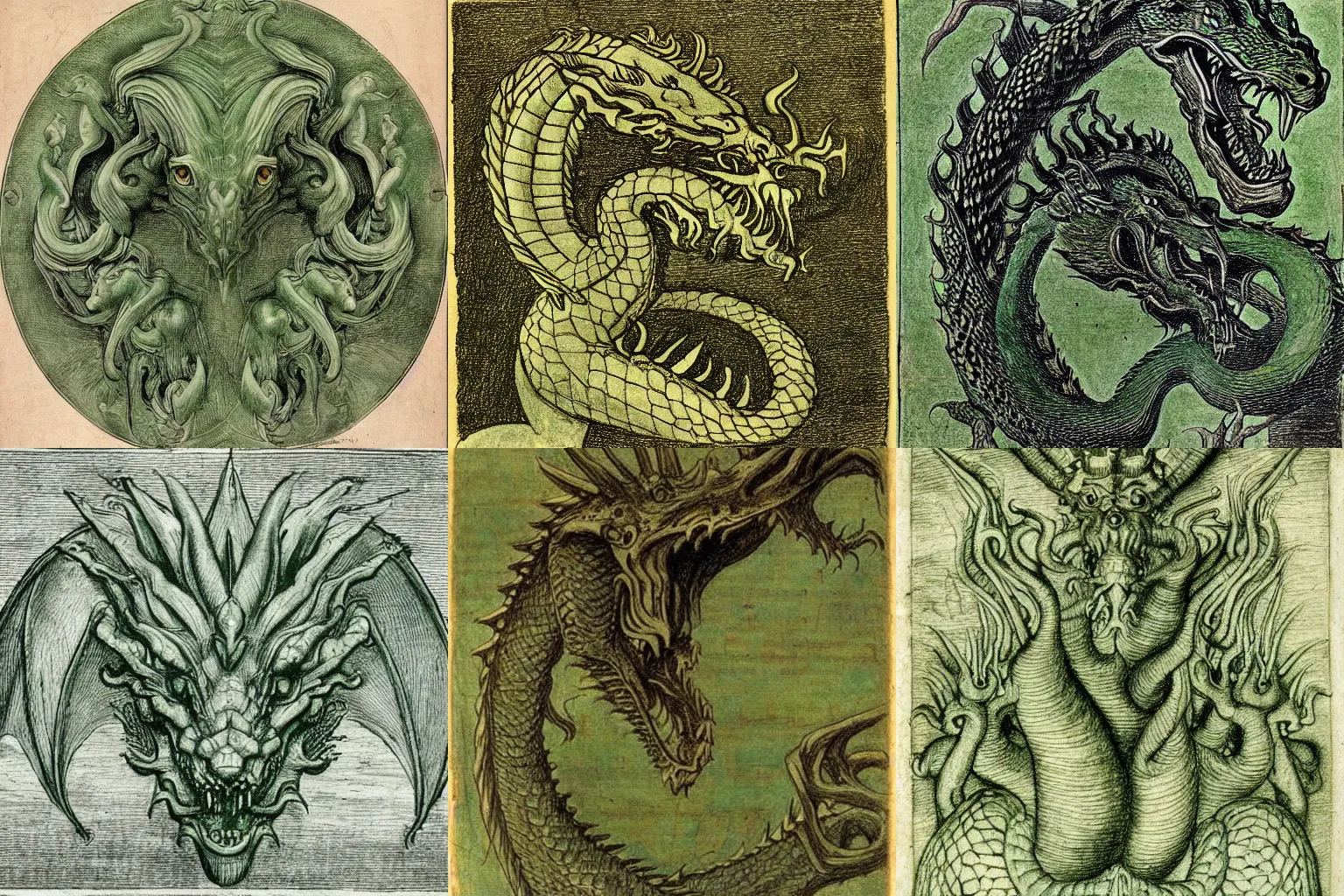 Prompt: green dragon with 12 heads, drawing by Leonardo Da Vinci and CASPAR DAVID FRIEDRICH