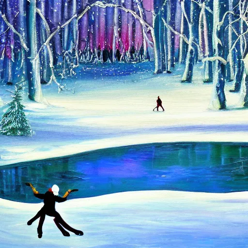 Prompt: ice skater dancing on forest pond in winter landscape detailed 4k magical realism painting