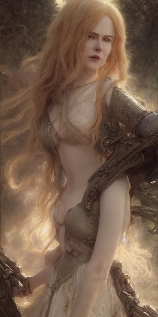 Prompt: lolita nicole kidman, beautiful fantasy maiden, dungeons and dragons, masterpiece by edgar maxence and ross tran and michael whelan, gustav dore, 8 k, octane render