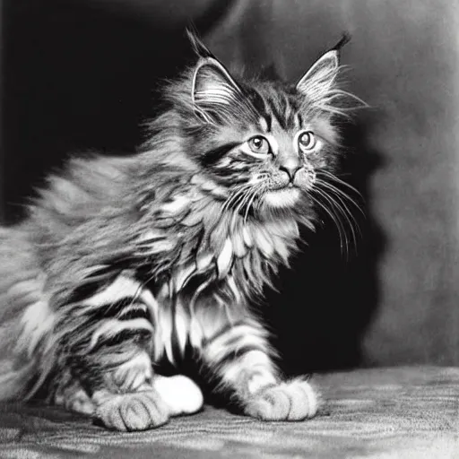 Image similar to close up of a maine coon kitten wearing soldier helmet in the battle, ww 2, black & white