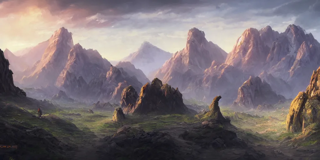 Image similar to The Sci-Fi stone landscape with mountains in the background wallpaper, d&d art, fantasy, painted, 4k, high detail, sharp focus