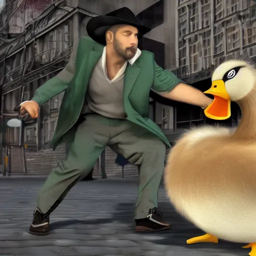Image similar to High detailed ultra realistic gangster fighting with duck