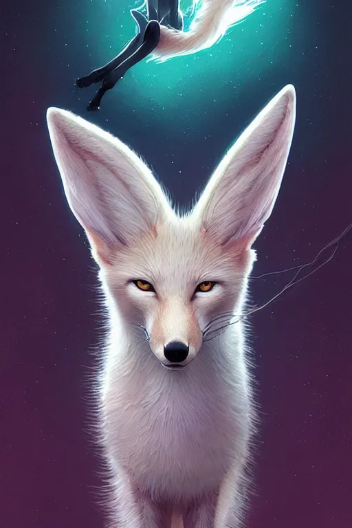 Image similar to complete and delicate portrait of a white nine - tailed fox, beautiful, agile, fairy, myth, legend, detailed, trending on artstatioin, light effects, kilian eng, john harris, bastien lecouffe - deharme