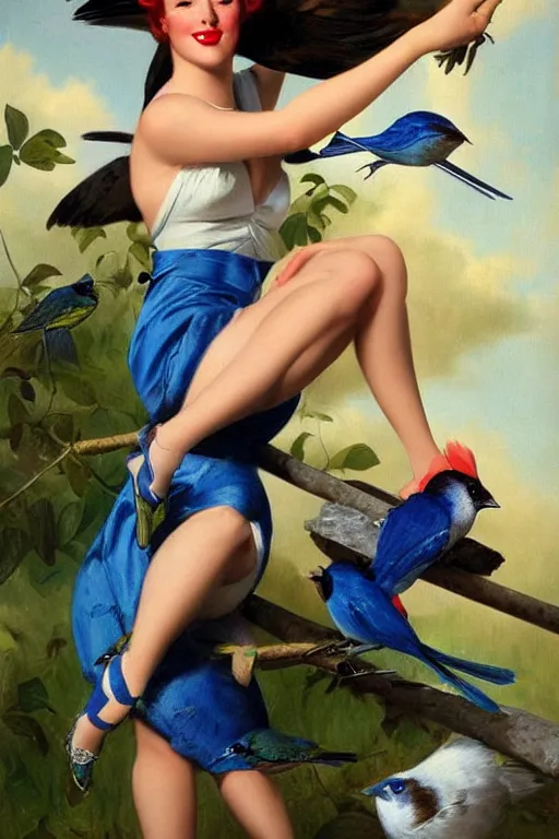 Prompt: hyper realistic painting, pinup girl holding an indigo bunting, bird, the bird is wearing a bowtie, anime, porcelain skin, glistening, very coherent, gillette gil elvgren