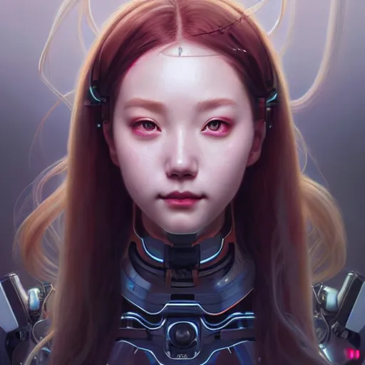 Image similar to portrait painting of a cute cyborg chuu loona kpop smiling cheerfully, ultra realistic, concept art, intricate details, eerie, highly detailed, photorealistic, octane render, 8 k, unreal engine. art by artgerm and greg rutkowski and magali villeneuve and alphonse mucha