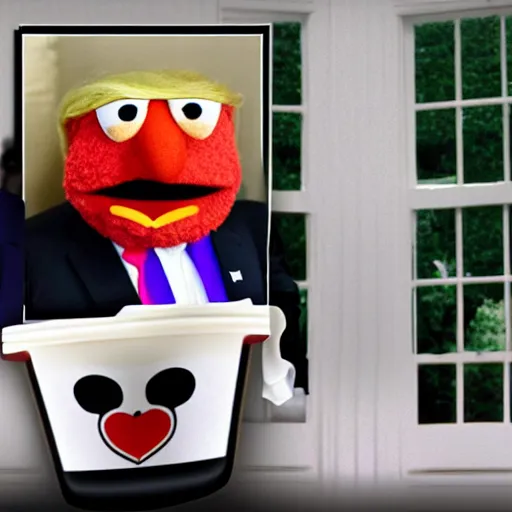 Prompt: muppet trump holding ice cream in the white house