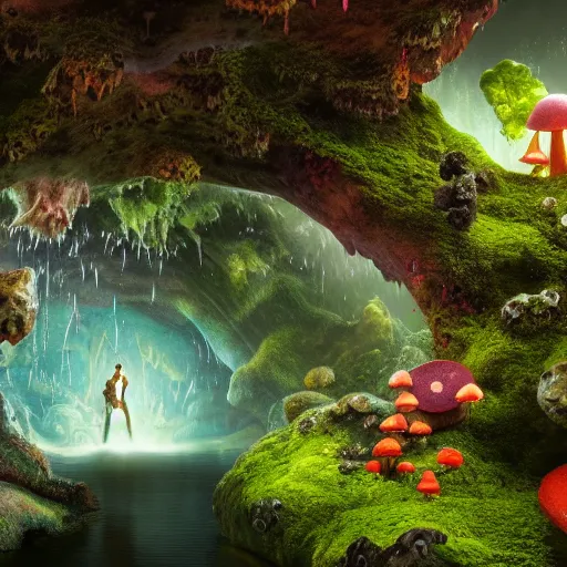 Prompt: mythical gigantic space cavern, ultra realist 3 d render curiosities carnival pond vegetation rocks mushrooms and tentacles covered moss, luminescent wisps, stunning waterfall, accurate features, focus, very intricate ultrafine details, random volumetric lighting, fog, award winning masterpiece, octane render 8 k hd, artstation, boris vallejo