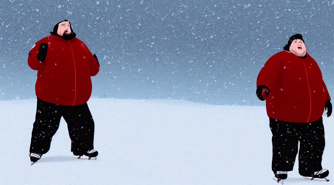 Image similar to a portrait of a fat man on the ice, using weighted vests, snowstorm, flat design, screen print by Kawase Hasui and dan hillier, 8k unreal engine