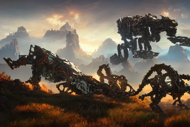 Image similar to slitherfang machine mecha animal beast robot of horizon forbidden west horizon zero dawn bioluminiscence global illumination ray tracing hdr fanart arstation by sung choi and eric pfeiffer and gabriel garza and casper konefal