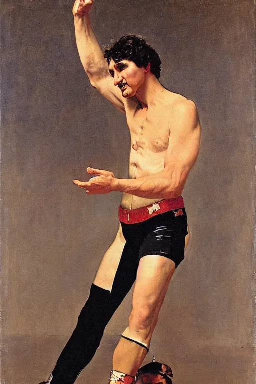 Image similar to body portrait of Justin Trudeau posing as a wrestler, colour painting by norman rockwell, guidi prime background by carl spitzweg