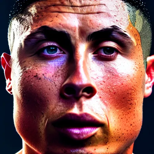 Image similar to uhd candid photo of cosmic og ronaldo phenomenal, powering up, studio lighting, radiant light, hyperdetailed, correct face, symmetrical face, elaborate intricate details. photo by annie leibowitz