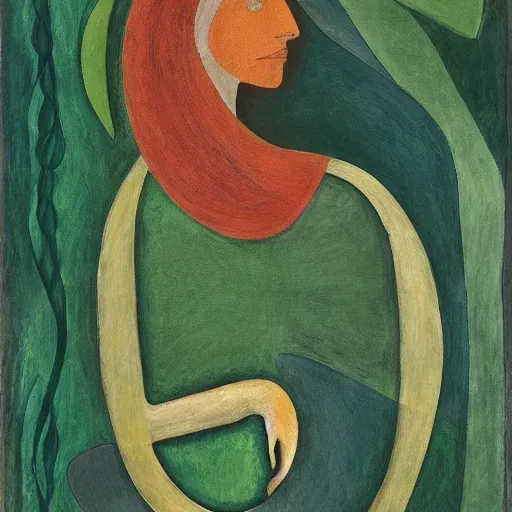 Image similar to ecstatic, unified burnt umber, fern green by barbara hepworth. a beautiful experimental art of a woman with long flowing hair, wild animals, & a dark, starry night sky.