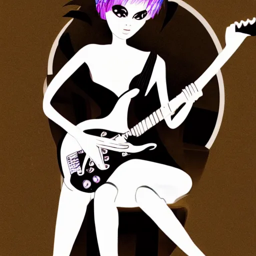 Image similar to beautiful goth girl with short black hair playing an electric guitar sitting on a chair, 8k, super detailed, extremly detailed face, sharp, drawing, illustration