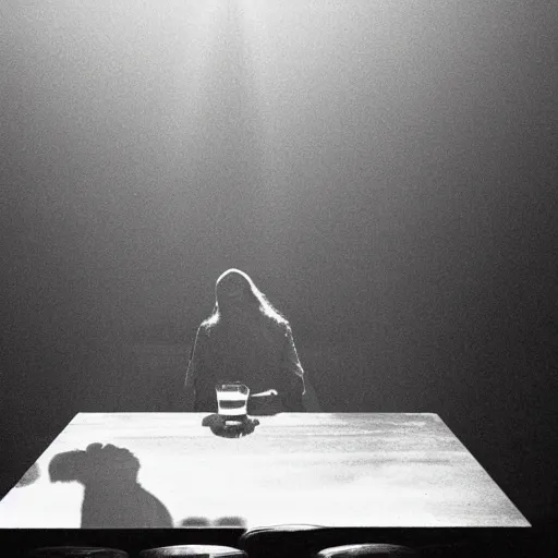 Image similar to a still of jesus sitting down on a stool at the bar, last call. it's dark and smoky. god rays through fog.