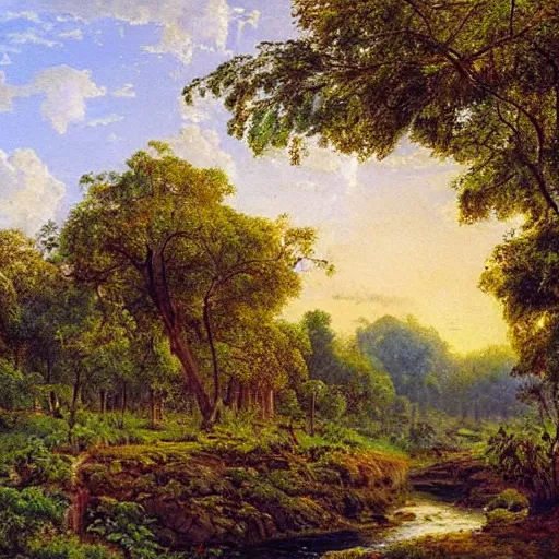 Image similar to tropical fruit trees and white milk river, wide shot, golden hour, landscape painting by ivan shishkin