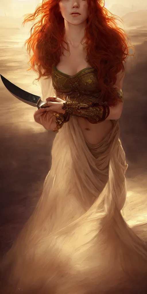 Image similar to ginger girl with problems dringing in an ancien taver and playing with a knife, magic the gathering, ancient, sand, emerald, intricate, highly detailed, digital painting, artstation, concept art, smooth, sharp focus, illustration, Unreal Engine 5, 8K, art by artgerm and greg rutkowski and alphonse mucha