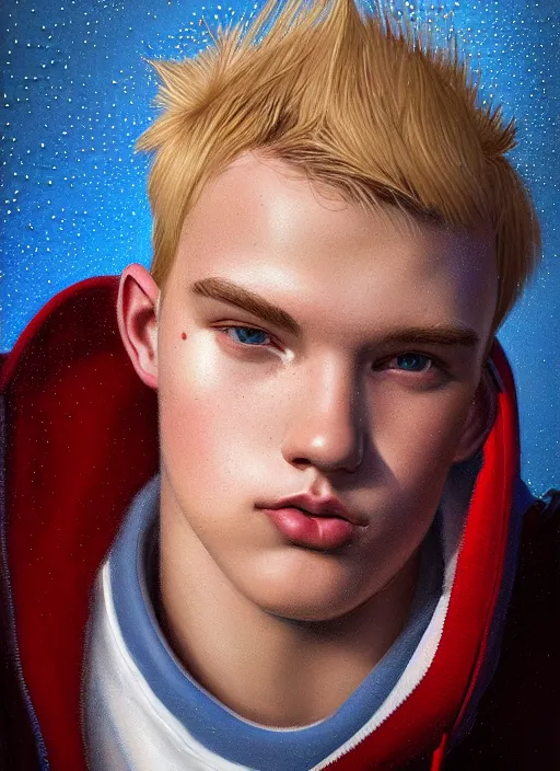 Image similar to portrait of high school senior boy named big moose, blonde short hair, jock, beefy, wide face, square jaw, square facial structure, blue varsity jacket with his name, intricate, elegant, glowing lights, highly detailed, digital painting, artstation, concept art, sharp focus, illustration, art by wlop, mars ravelo and greg rutkowski